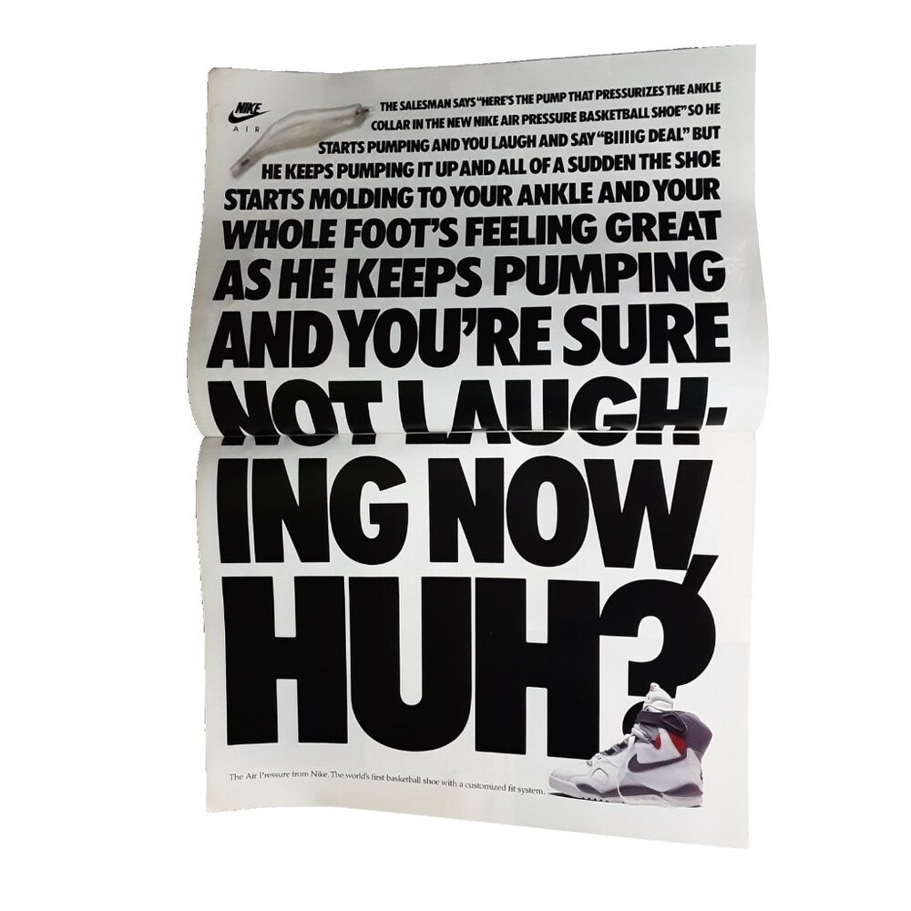 1989 Nike Air Pressure Basketball Shoe Ad Not Laughing Now Huh Vintage Print